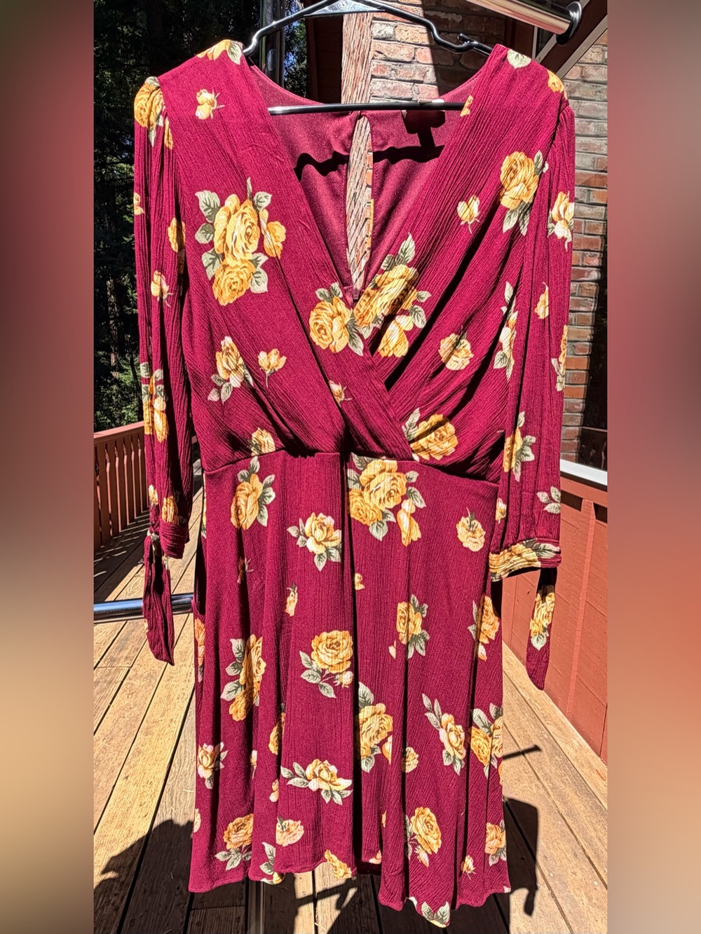 Women's Floral Faux Wrap Dress - Burgundy with Yellow Rose Print